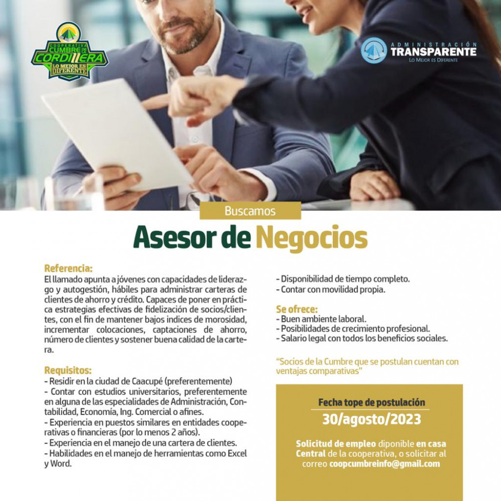 La Cooperativa Cumbre llama a concurso para contratar: